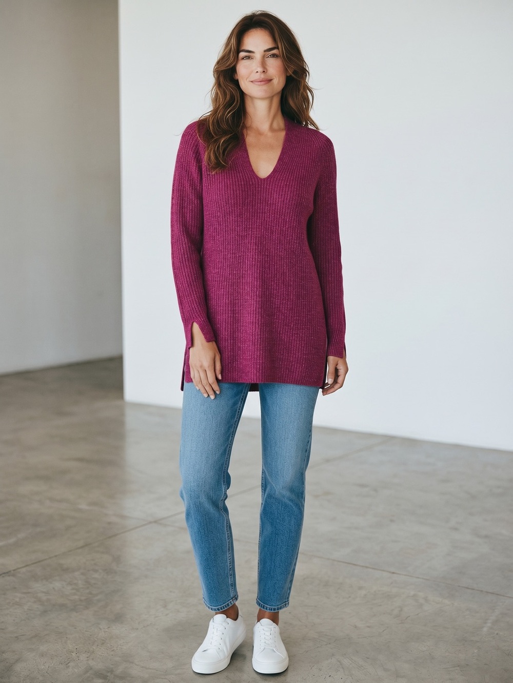 J. Jill Pure Jill Ribbed Long Sleeve V-Neck Sweater Tunic in Elderberry Size XS